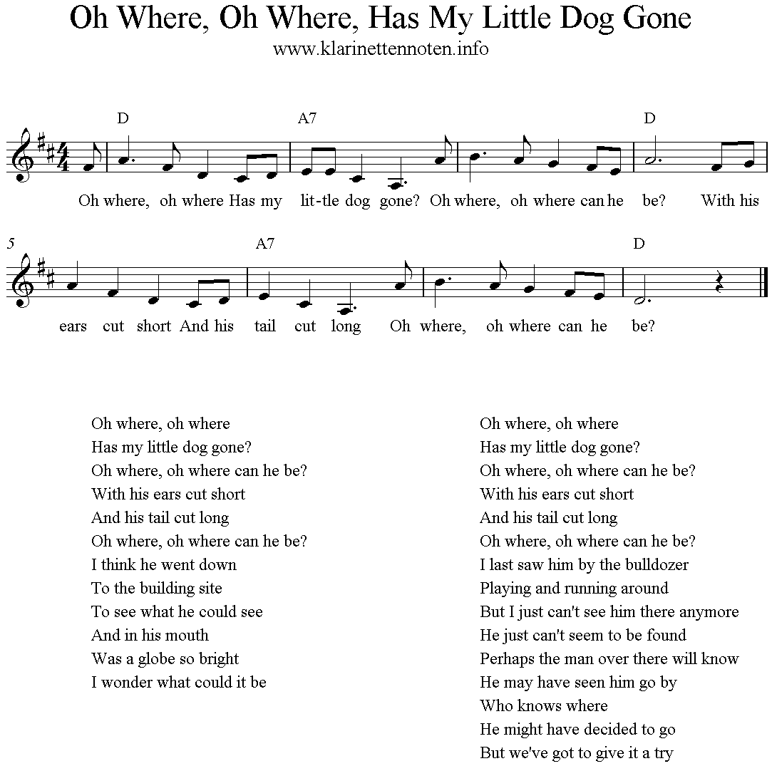 Oh Where Oh Where Has My Little Dog Gone, D-Major, Clarinet